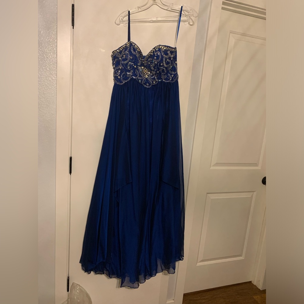 Elegant Blue Strapless Gown with Silver Embellishments
